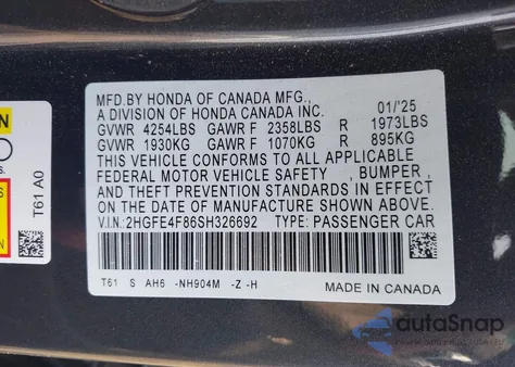 2025 Honda Civic Hybrid Sport/Sport Touring z USA, uszkodzony, nr VIN 2HGFE4F86SH326692